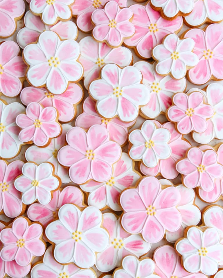 Pink and White Flower biscuits piped using Tube Tip PME Nozzle